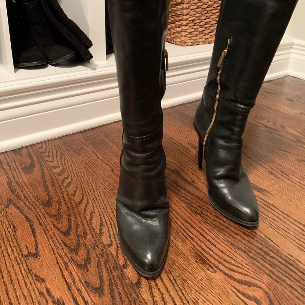 Pucci black tall leather dress boots. 19.5”. 14 “ calf circumference. GORGEOUS!
